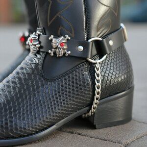 New Men Biker Boots Bracelets Chain Black Faux Leather Pair Straps Silver Pirate